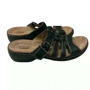 clark’s  Bendables Womens Size 8 Leather Cross Strap Slide Sandals Shoes black